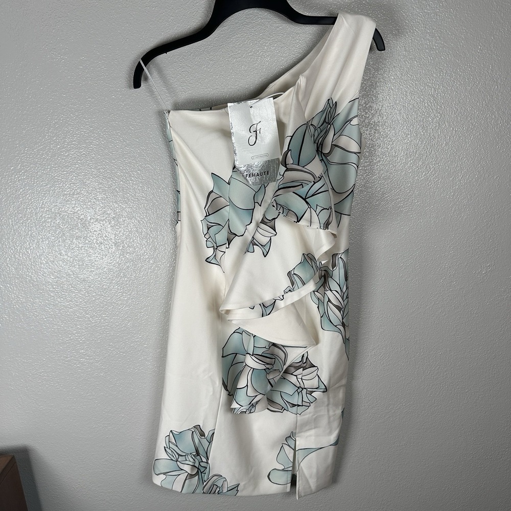 NEW Fehaute Womens Size 2 White Aqua Floral One Shoulder Ruffle Mini‎ Dress